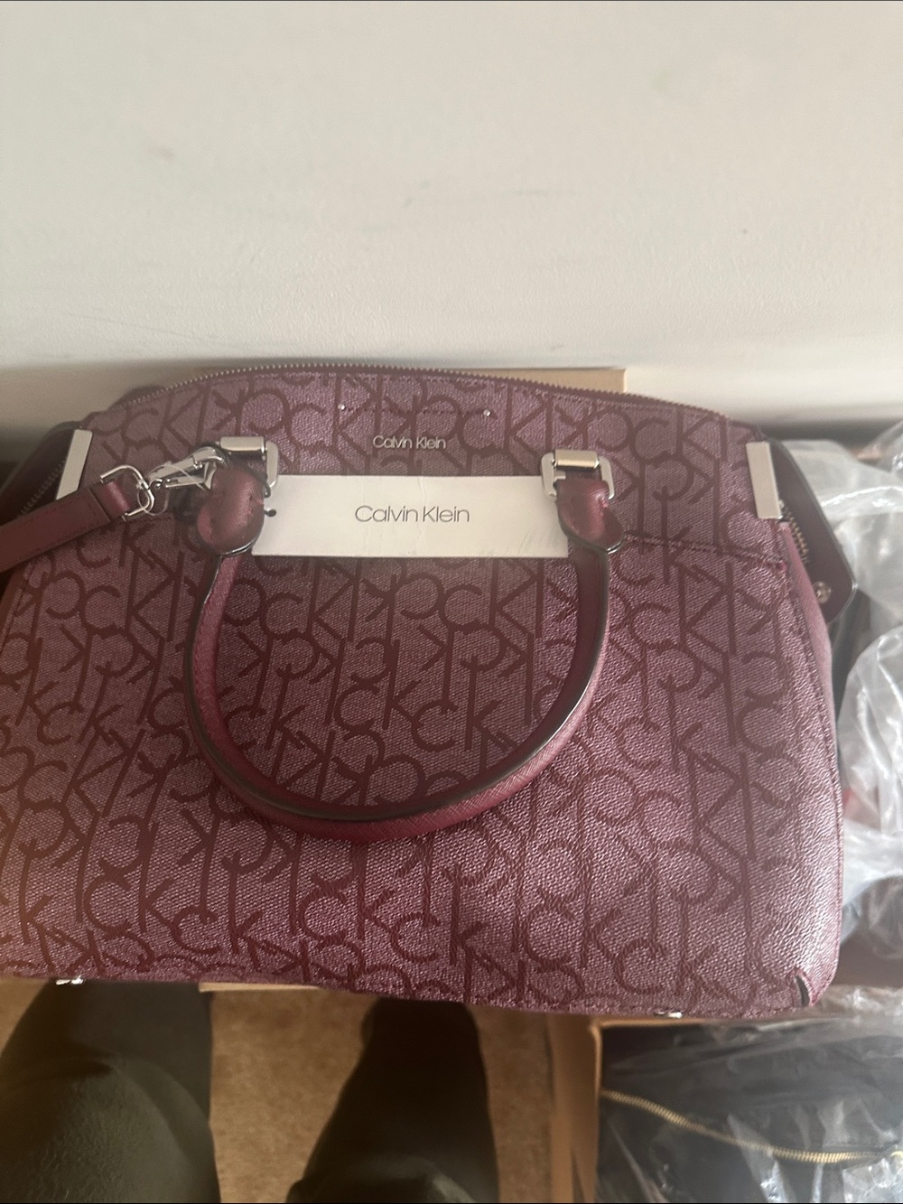 Calvin Klein Signature Satchel in Wine
